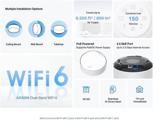 TP-Link Deco X50-PoE AX3000 Whole Home Mesh Wi-Fi 6 System with PoE, Dual-Band, AI-Driven Mesh, cover up to 6,500 ft2, Connect up to 150 devices, 1 0 GHz Dual-Core CPU, HomeShield, Pack of 3