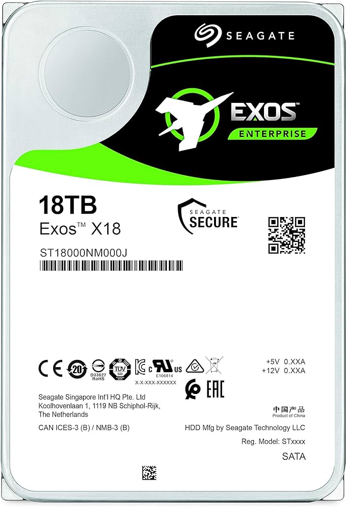 Seagate Exos X18 16TB Enterprise HDD - CMR 3.5 Inch Hyperscale SATA 6Gb/s, 7200 RPM, 512e and 4Kn FastFormat, 􏰤 Low Latency with Enhanced Caching (ST16000NM000J