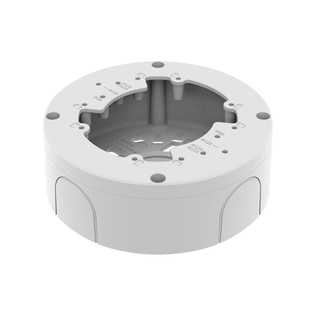 Back box for dome cameras. Compatible with: QNV-C8083R/C9083R, QNV-C8011R/C8012/C9011R, QND-6011/6021, QND-8011/8021, QND-6012R/6022R/6082R, QND-7012R/7022R/7082R, QNE-8011R/8021R 