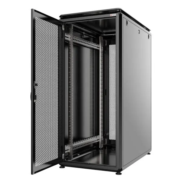 Free standing cabinet, front glass door, removable rear & side doors, Fan-4no's, 6Way PDU-1no's, Castor wheel-4no's, Fixed shelf-1no's, Black