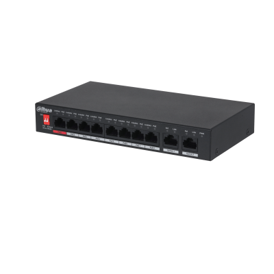 Support eight 10/100M PoE power supply ports, and two 10/100M  uplink ports, Support 802.3af and 802.3at standards, Support 250 m long distance PoE tansmission,
