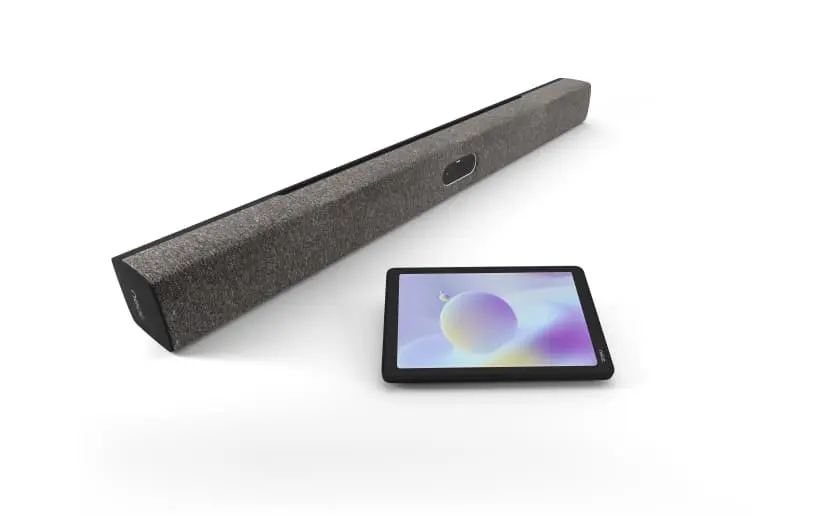 NEAT All-in-one video device for Zoom/Teams/BYOD. Designed for medium to large rooms up to 30 people within 30ft/10m. Dual 50MP cameras, 113/70° FOV, 16x hybrid zoom, auto-framing, 16 mics, 3 full-range speakers. Mounting hardware included.