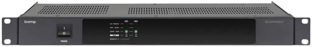 Biamp 2 Channel class D amplifier 2 x 60 Watts (70/100 Volts or RMS @ 4 Ohms) or in bridge mode 1 x 120 Watts (70/100 Volts or RMS @ 8 Ohms), convection cooled, 1 U, 19" rackmount