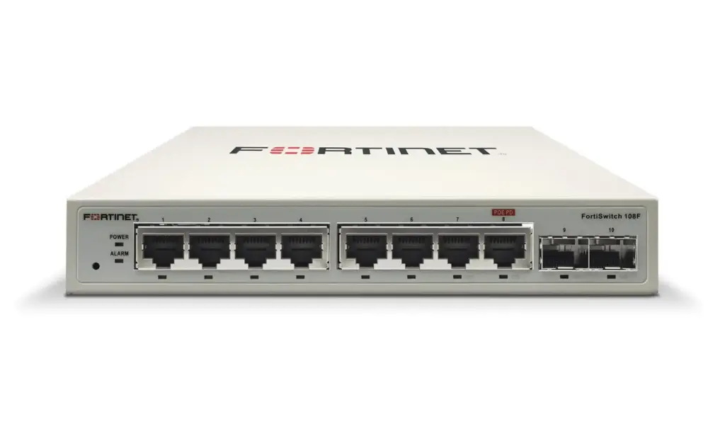 [FS-108F] FortiSwitch-108F L2 Switch - 8 x GE RJ45 ports, 2 x GE SFP, Fanless, 12V/3A power adapter of input voltage 100 - 240VAC. Switch can also be powered over ethernet on Port 8 (PD port), FortiGate Switch controller compatible.