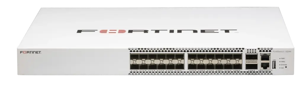 FortiSwitch-1024E Layer 2/3 FortiGate switch controller compatible switch with 24 x GE/10GE SFP/SFP+ slots and 2 x 100GE QSFP28. Dual AC power supplies 
