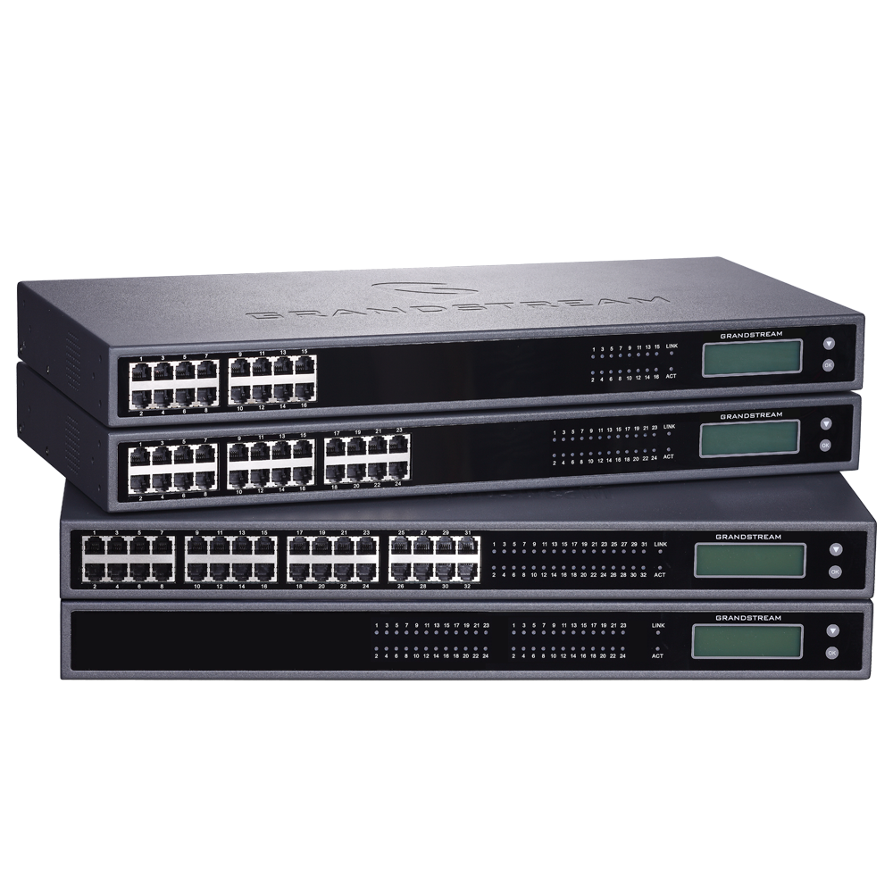 16/24/32 FXS ports, GXW4248 includes 2 50-pin Telco connectors
1 Gigabit network port
132x48 backlit graphic display with support for multiples languages
4 SIP server profiles per system, independent SIP account per port
Designed and tested for full interoperability with leading IP-PBXs, soft-switches and SIP-based environments
Advanced security protection with SRTP/TLS/HTTPS