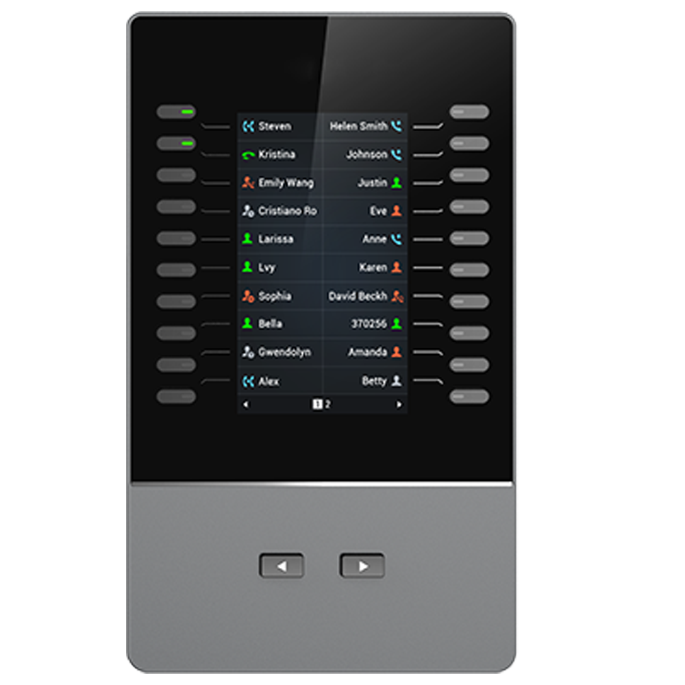 4.3 inch (272x480) TFT color LCD,20 per page (each module contains 2 pages, for up to 40 lines per module)
Combine up 4 daisy-chained modules for 160 contacts/extensions,BLF, call park /pick-up, speed-dial, presence, intercom, voice
conferencing transfer/forward and more