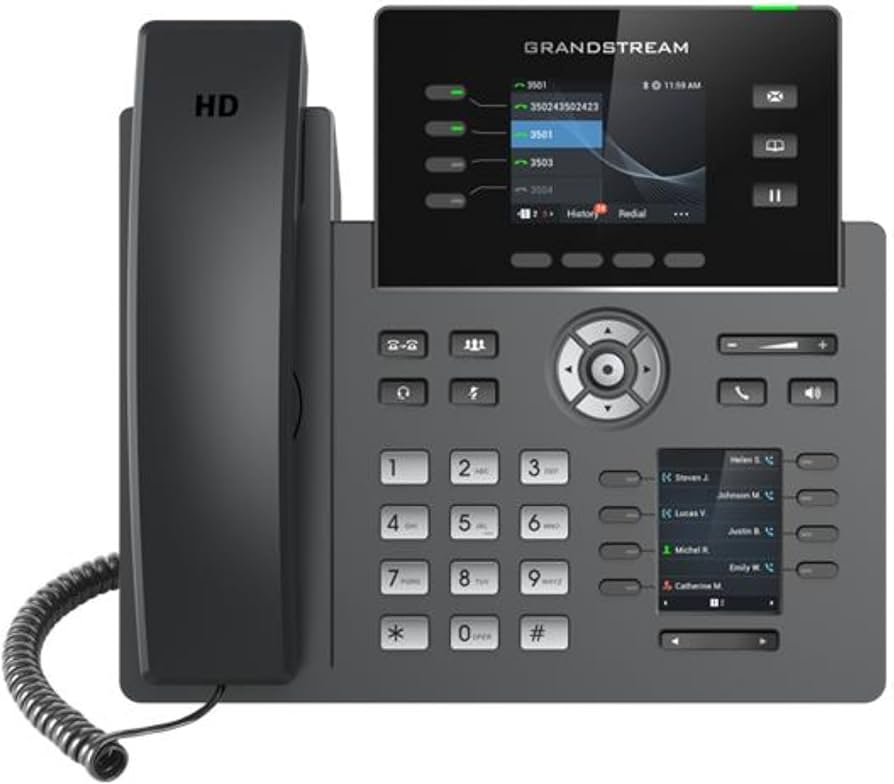 HD audio, handset and speakerphone with support for wide-band audio
4 line keys with up to 4 SIP accounts, 8MPK extension keys with dual-color LED with 2 Left/Right keys
Dual LCD screens with digital BLF keys
Enterprise-level protection including secure boot, dual firmware images, and encrypted data storage

