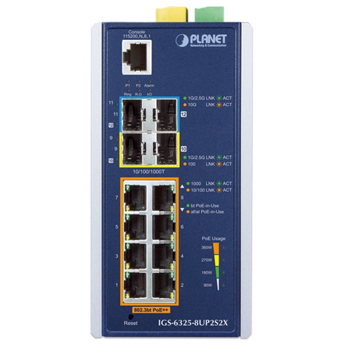 [IGS-6325-8UP2S2X] IP30 DIN-rail Industrial L3 8-Port 10/100 /1000T 802.3bt PoE + 2-port 1G/2.5G SFP + 2-Port 10G SFP+ Full Managed Switch (-40 to 75C, 8-port 95W PoE++, 802.3bt/PoH/Forcemodes, dual redundant power input on
48~56VDC terminal block, DIDO, ERPS Ring,1588 PTP TC, Modbus TCP, ONVIF,Cybersecurity features, Hardware Layer3OSPFv2 and IPv4/IPv6 Static Routing,supports CloudViewer app and MQTT,supports 100FX, 1000X, 2.5G SFP and 10GSFP+)