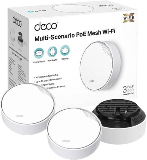[DECO X50-POE(3-PACK)] TP-Link Deco X50-PoE AX3000 Whole Home Mesh Wi-Fi 6 System with PoE, Dual-Band, AI-Driven Mesh, cover up to 6,500 ft2, Connect up to 150 devices, 1 0 GHz Dual-Core CPU, HomeShield, Pack of 3