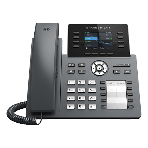 [GRP2634] 8 lines, 4 SIP accounts
Supported by GDMS which provides a centralized interface to configure, provision, manage and monitor Grandstream devices
RJ9 headset jack allowing EHS with Plantronics headsets, and integrated USB Headset support
Integrated Bluetooth to connect headsets, sync contacts, calendars and more
Full-duplex speakerphone with HD audio to maximize audio quality
and clarity
Equipped with noise shield technology to minimize background
noise
Dual switched autosensing 10/100/1000 Mbps Gigabit Ethernet ports with integrated PoE
Supports 5-way audio conferencing for easy conference calls
Enterprise-level protection including secure boot, dual firmware images, and encrypted
Swappable faceplate to allow for easy logo customization data storage
Integrated dual-band Wi-Fi 802.11 a/b/g/n/ac (2.4Ghz & 5Ghz)
