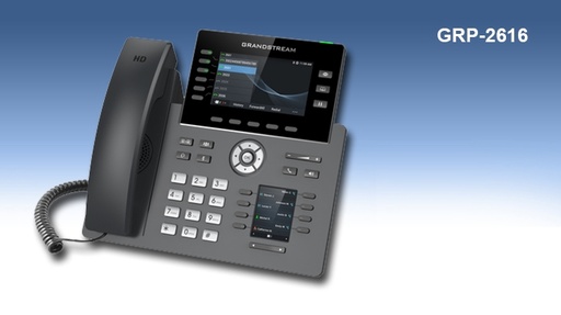 [GRP2616] GRP2616 is a high-end carrier-grade IP phone designed with zero-touch provisioning for mass deployment and easy management. It supports 6 lines and 6 SIP accounts while featuring a sleek design and a suite of next-generation features including integrated Wi-Fi, Bluetooth support, 48 virtual multi-purpose keys