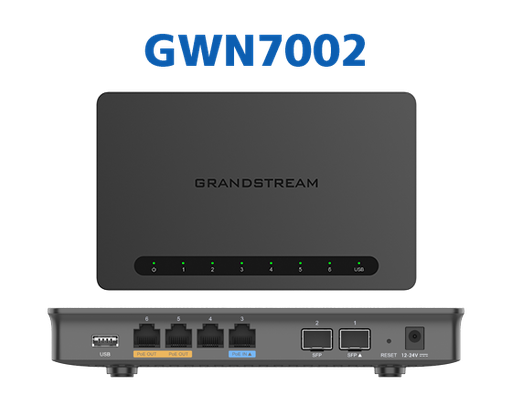 [GWN7002] Grandstream  Multi-WAN Gigabit VPN routers with built-in firewalls that allow businesses to build comprehensive wired, wireless and VPN networks for one or many locations. They offer high-performance routing and switching power along with built-in VPN support for secure in-office and inter-office connectivity,  Firewall, 4 x GigE LAN/WAN (2 x PoE Out), 2 x SFP