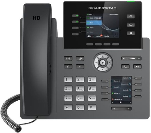 [GRP2614] HD audio, handset and speakerphone with support for wide-band audio
4 line keys with up to 4 SIP accounts, 8MPK extension keys with dual-color LED with 2 Left/Right keys
Dual LCD screens with digital BLF keys
Enterprise-level protection including secure boot, dual firmware images, and encrypted data storage
