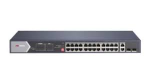 [DS-3E0528HP-E] L2, Unmanaged, 24 Gigabit RJ45 PoE ports, 2 Gigabit RJ45, 2 Gigabit SFP uplink ports, 802.3af/at/bt, port 1-4 support Hi-PoE 90w, PoE power budget 370W, ports 21-24 support up to 300meter, 6KV surge protection, supports POE watchdog, port isolation